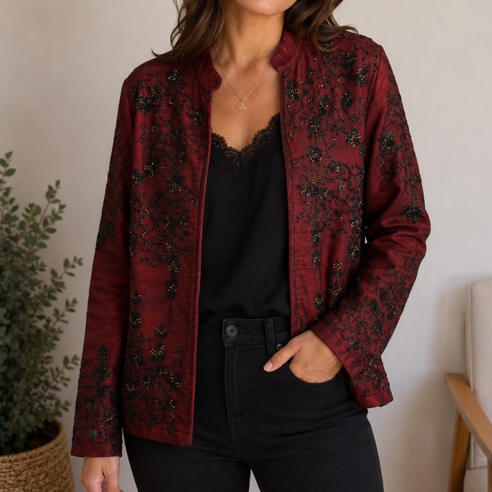 Vintage Embroidered Beaded Jacket Red Black‎ Open Front Evening Whimsigoth M